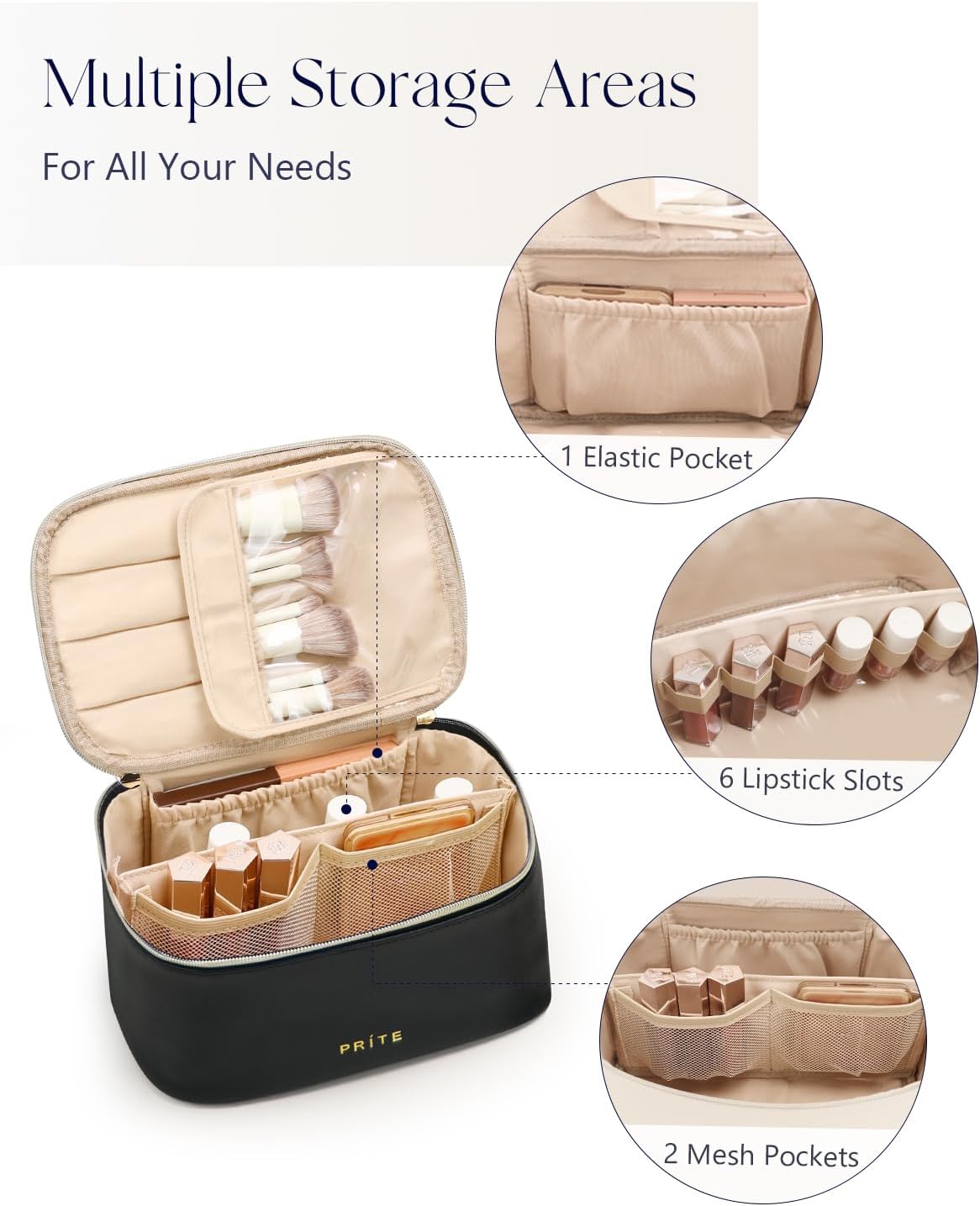 Makeup Bag, Large Capacity Cosmetic Bag for Women and Girls, Waterproof PU Leather Travel Makeup Case, Toiletry Organizer with Handle and Divider for Skincare and Brushes - Beige