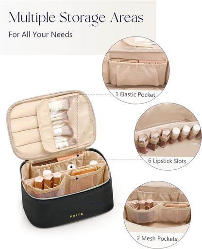 Makeup Bag, Large Capacity Cosmetic Bag for Women and Girls, Waterproof PU Leather Travel Makeup Case, Toiletry Organizer with Handle and Divider for Skincare and Brushes - Beige