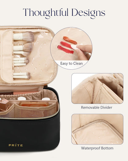 Makeup Bag, Large Capacity Cosmetic Bag for Women and Girls, Waterproof PU Leather Travel Makeup Case, Toiletry Organizer with Handle and Divider for Skincare and Brushes - Beige