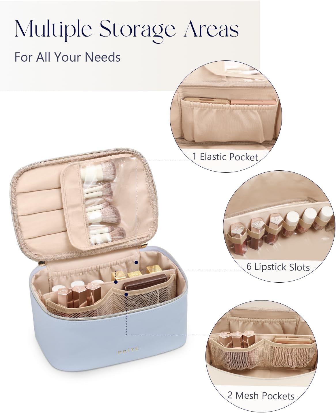 Makeup Bag, Large Capacity Cosmetic Bag for Women and Girls, Waterproof PU Leather Travel Makeup Case, Toiletry Organizer with Handle and Divider for Skincare and Brushes - Beige