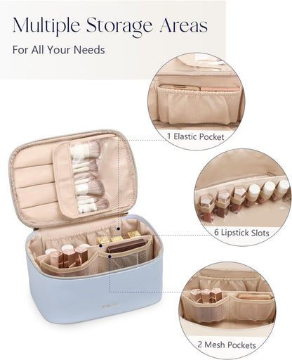 Makeup Bag, Large Capacity Cosmetic Bag for Women and Girls, Waterproof PU Leather Travel Makeup Case, Toiletry Organizer with Handle and Divider for Skincare and Brushes - Beige