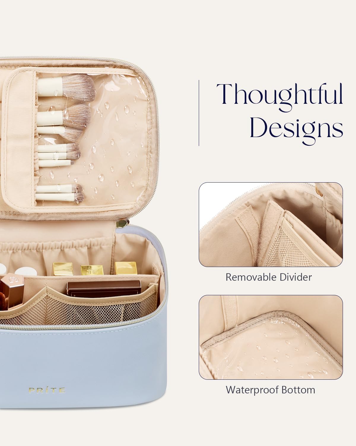 Makeup Bag, Large Capacity Cosmetic Bag for Women and Girls, Waterproof PU Leather Travel Makeup Case, Toiletry Organizer with Handle and Divider for Skincare and Brushes - Beige
