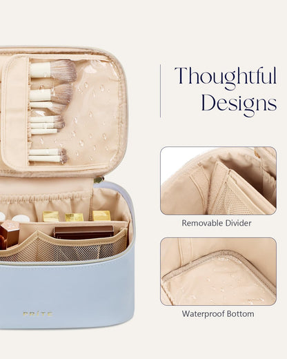 Makeup Bag, Large Capacity Cosmetic Bag for Women and Girls, Waterproof PU Leather Travel Makeup Case, Toiletry Organizer with Handle and Divider for Skincare and Brushes - Beige