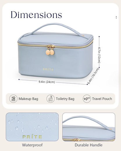 Makeup Bag, Large Capacity Cosmetic Bag for Women and Girls, Waterproof PU Leather Travel Makeup Case, Toiletry Organizer with Handle and Divider for Skincare and Brushes - Beige