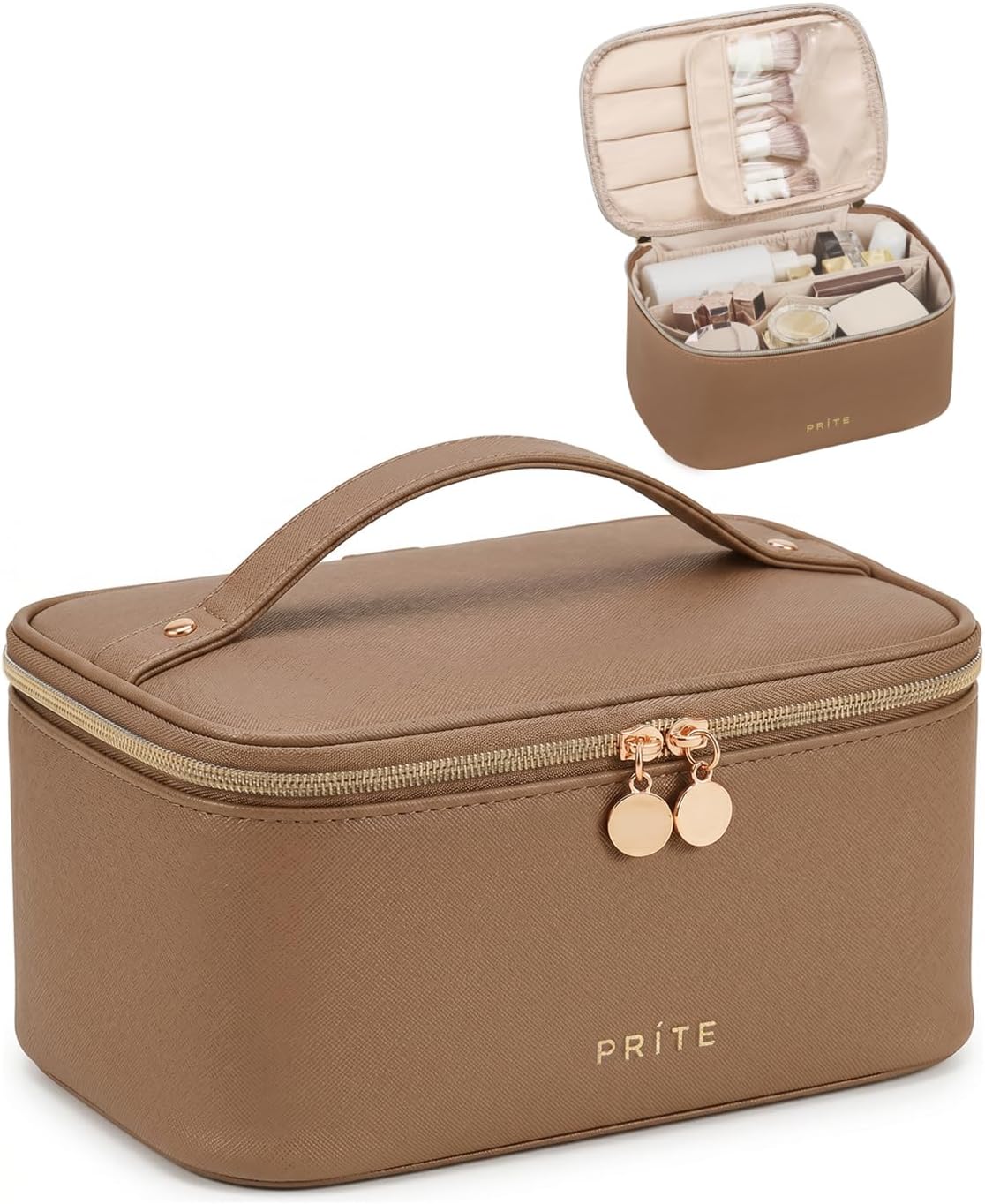 Makeup Bag, Large Capacity Cosmetic Bag for Women and Girls, Waterproof PU Leather Travel Makeup Case, Toiletry Organizer with Handle and Divider for Skincare and Brushes - Beige