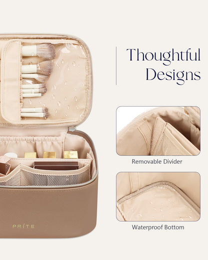Makeup Bag, Large Capacity Cosmetic Bag for Women and Girls, Waterproof PU Leather Travel Makeup Case, Toiletry Organizer with Handle and Divider for Skincare and Brushes - Beige