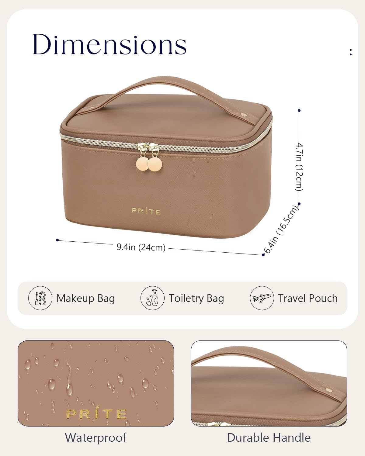 Makeup Bag, Large Capacity Cosmetic Bag for Women and Girls, Waterproof PU Leather Travel Makeup Case, Toiletry Organizer with Handle and Divider for Skincare and Brushes - Beige