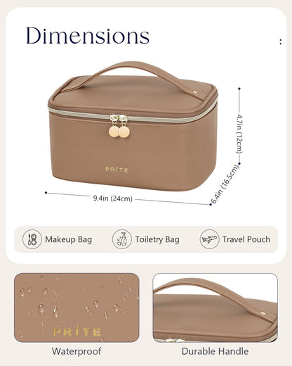 Makeup Bag, Large Capacity Cosmetic Bag for Women and Girls, Waterproof PU Leather Travel Makeup Case, Toiletry Organizer with Handle and Divider for Skincare and Brushes - Beige