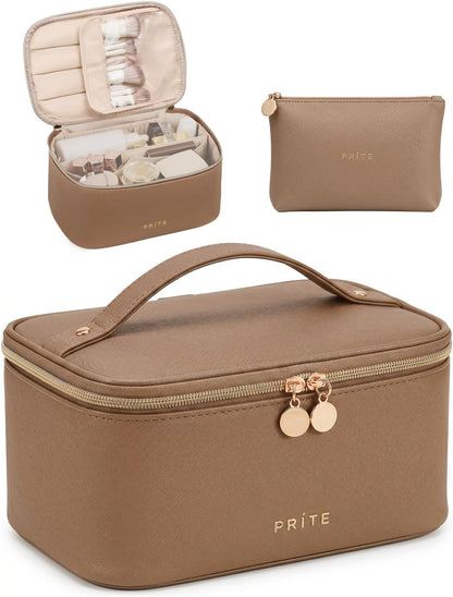 Makeup Bag, Large Capacity Cosmetic Bag for Women and Girls, Waterproof PU Leather Travel Makeup Case, Toiletry Organizer with Handle and Divider for Skincare and Brushes - Beige