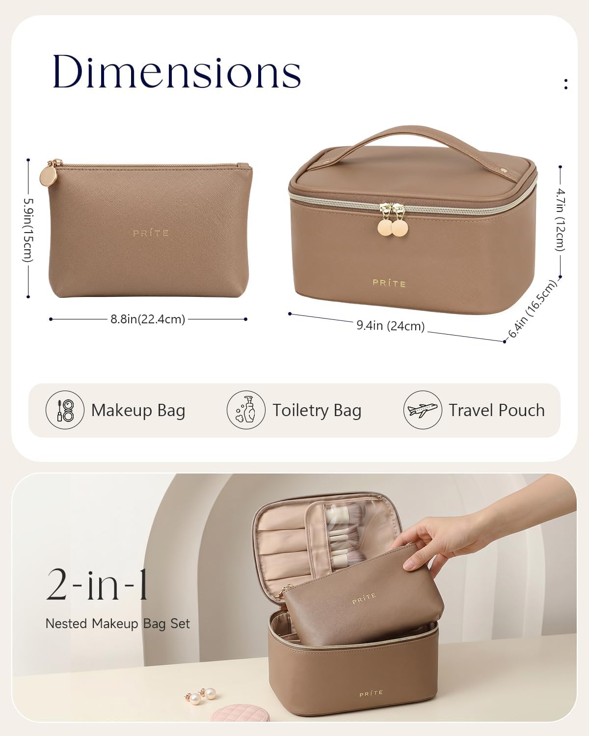 Makeup Bag, Large Capacity Cosmetic Bag for Women and Girls, Waterproof PU Leather Travel Makeup Case, Toiletry Organizer with Handle and Divider for Skincare and Brushes - Beige