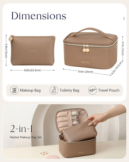 Makeup Bag, Large Capacity Cosmetic Bag for Women and Girls, Waterproof PU Leather Travel Makeup Case, Toiletry Organizer with Handle and Divider for Skincare and Brushes - Beige