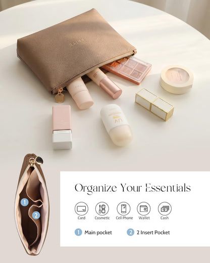 Makeup Bag, Large Capacity Cosmetic Bag for Women and Girls, Waterproof PU Leather Travel Makeup Case, Toiletry Organizer with Handle and Divider for Skincare and Brushes - Beige