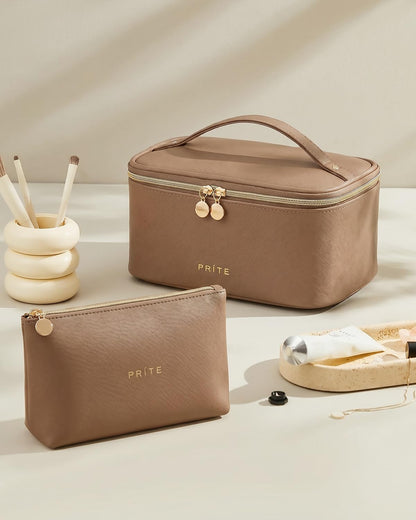 Makeup Bag, Large Capacity Cosmetic Bag for Women and Girls, Waterproof PU Leather Travel Makeup Case, Toiletry Organizer with Handle and Divider for Skincare and Brushes - Beige