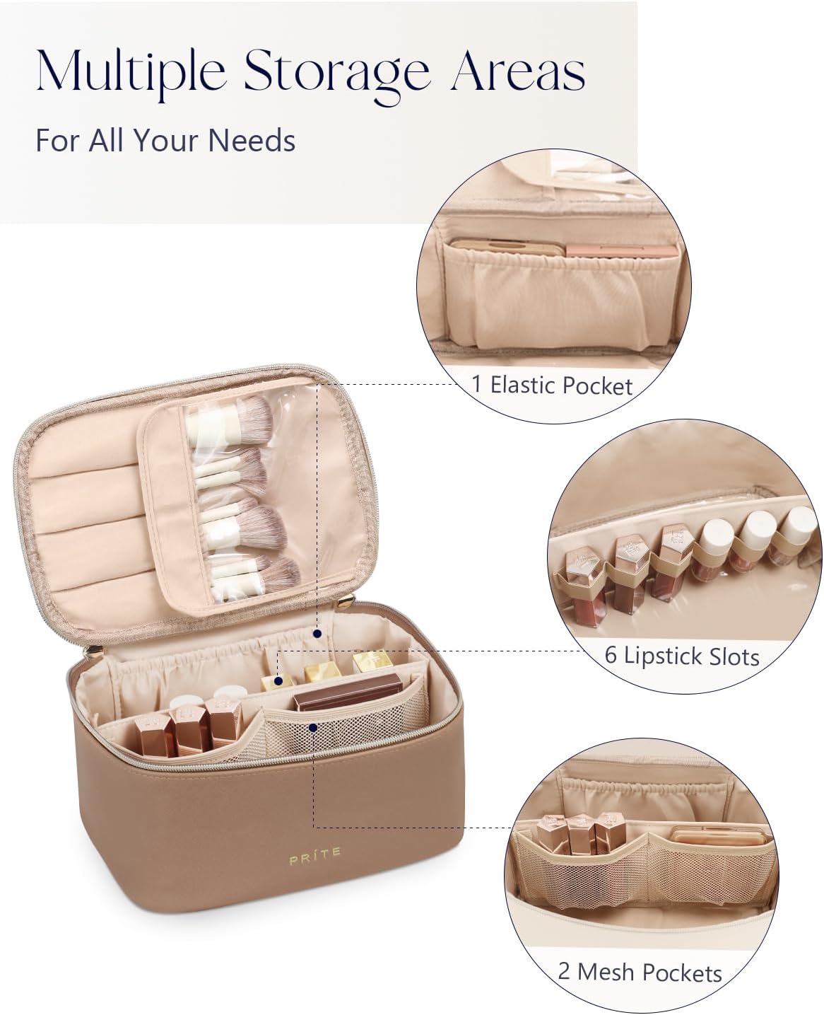 Makeup Bag, Large Capacity Cosmetic Bag for Women and Girls, Waterproof PU Leather Travel Makeup Case, Toiletry Organizer with Handle and Divider for Skincare and Brushes - Beige