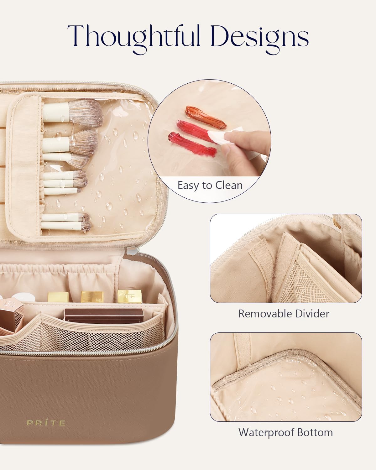 Makeup Bag, Large Capacity Cosmetic Bag for Women and Girls, Waterproof PU Leather Travel Makeup Case, Toiletry Organizer with Handle and Divider for Skincare and Brushes - Beige