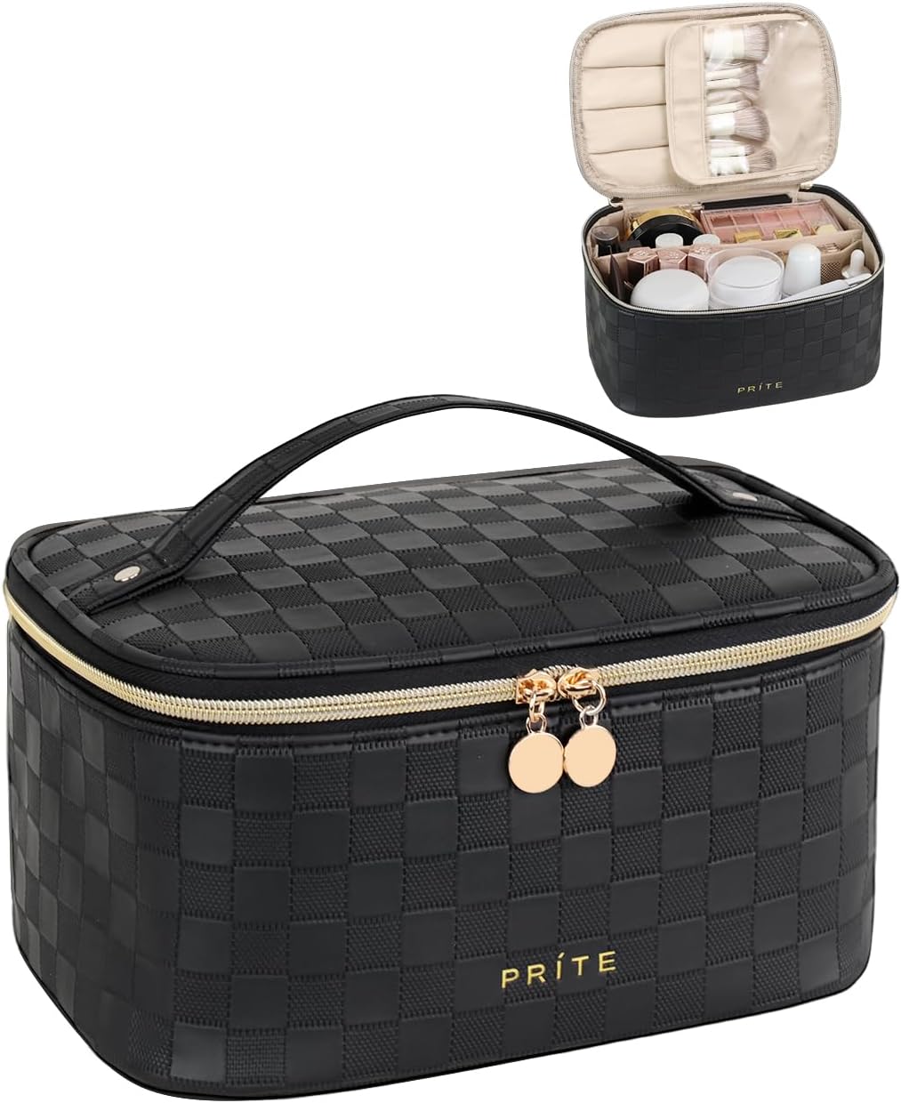 Makeup Bag, Large Capacity Cosmetic Bag for Women and Girls, Waterproof PU Leather Travel Makeup Case, Toiletry Organizer with Handle and Divider for Skincare and Brushes - Beige