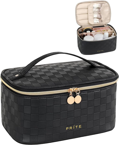Makeup Bag, Large Capacity Cosmetic Bag for Women and Girls, Waterproof PU Leather Travel Makeup Case, Toiletry Organizer with Handle and Divider for Skincare and Brushes - Beige