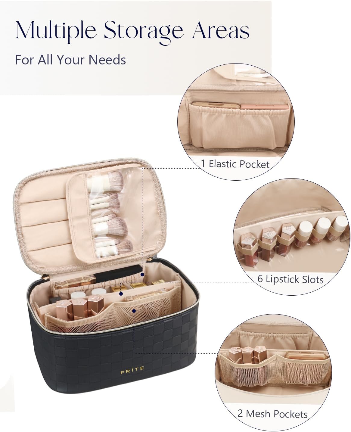 Makeup Bag, Large Capacity Cosmetic Bag for Women and Girls, Waterproof PU Leather Travel Makeup Case, Toiletry Organizer with Handle and Divider for Skincare and Brushes - Beige