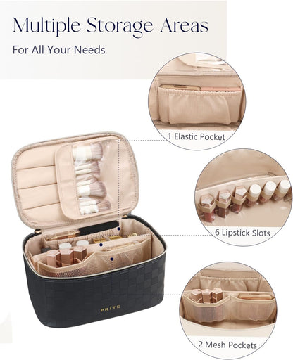 Makeup Bag, Large Capacity Cosmetic Bag for Women and Girls, Waterproof PU Leather Travel Makeup Case, Toiletry Organizer with Handle and Divider for Skincare and Brushes - Beige