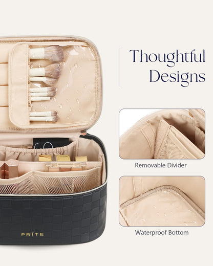 Makeup Bag, Large Capacity Cosmetic Bag for Women and Girls, Waterproof PU Leather Travel Makeup Case, Toiletry Organizer with Handle and Divider for Skincare and Brushes - Beige