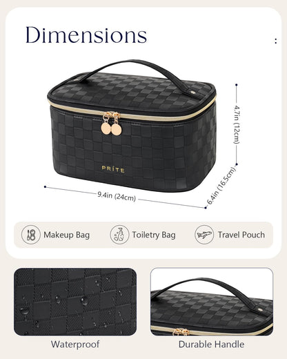 Makeup Bag, Large Capacity Cosmetic Bag for Women and Girls, Waterproof PU Leather Travel Makeup Case, Toiletry Organizer with Handle and Divider for Skincare and Brushes - Beige