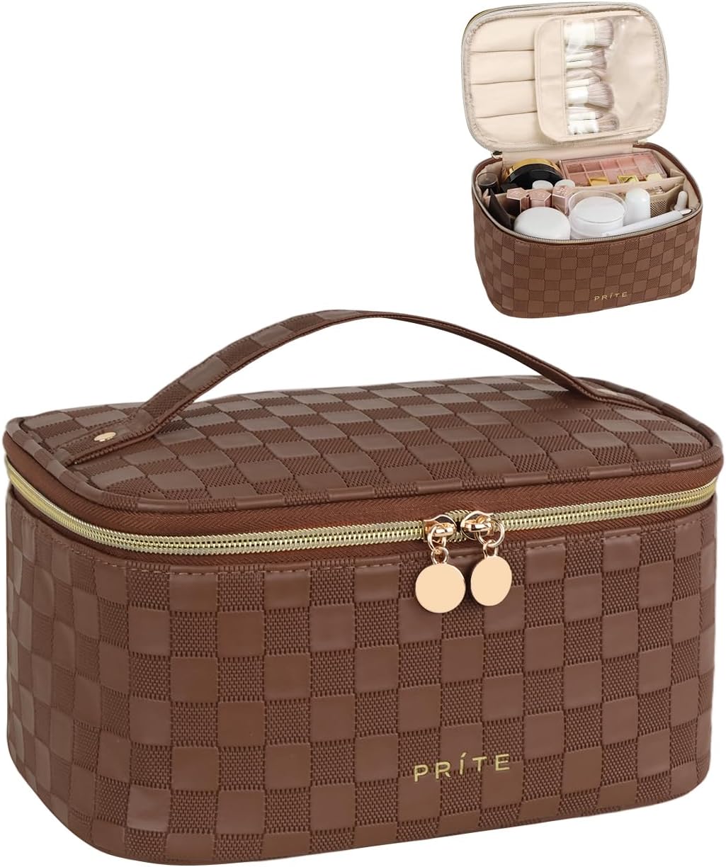 Makeup Bag, Large Capacity Cosmetic Bag for Women and Girls, Waterproof PU Leather Travel Makeup Case, Toiletry Organizer with Handle and Divider for Skincare and Brushes - Beige