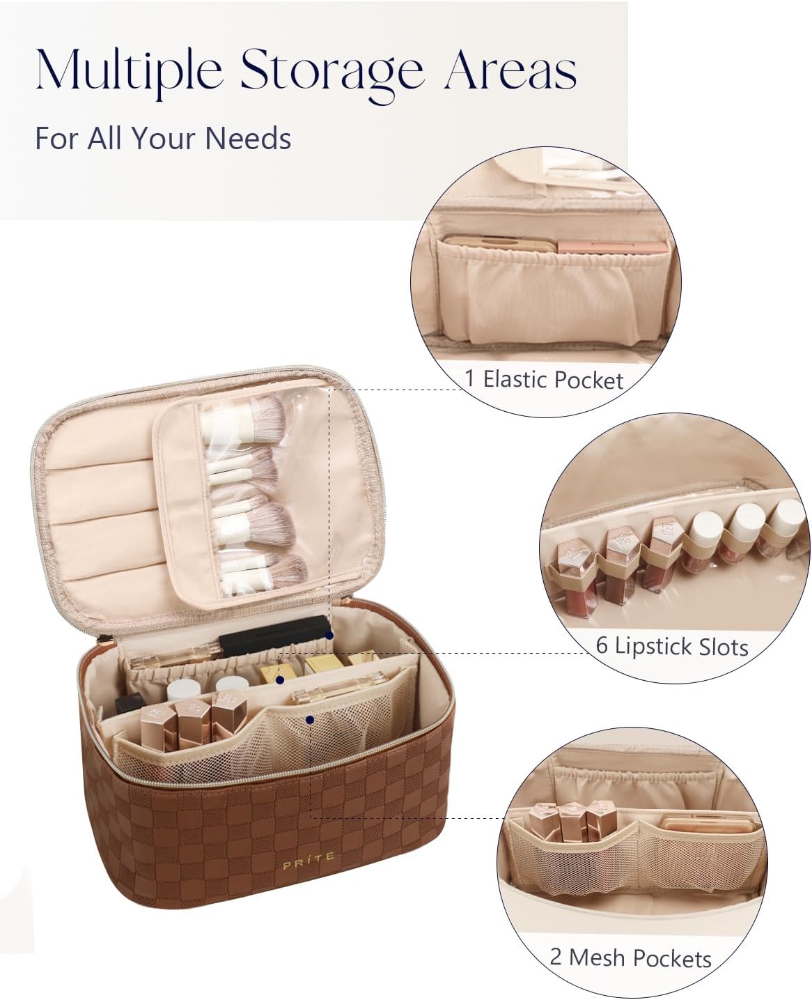 Makeup Bag, Large Capacity Cosmetic Bag for Women and Girls, Waterproof PU Leather Travel Makeup Case, Toiletry Organizer with Handle and Divider for Skincare and Brushes - Beige