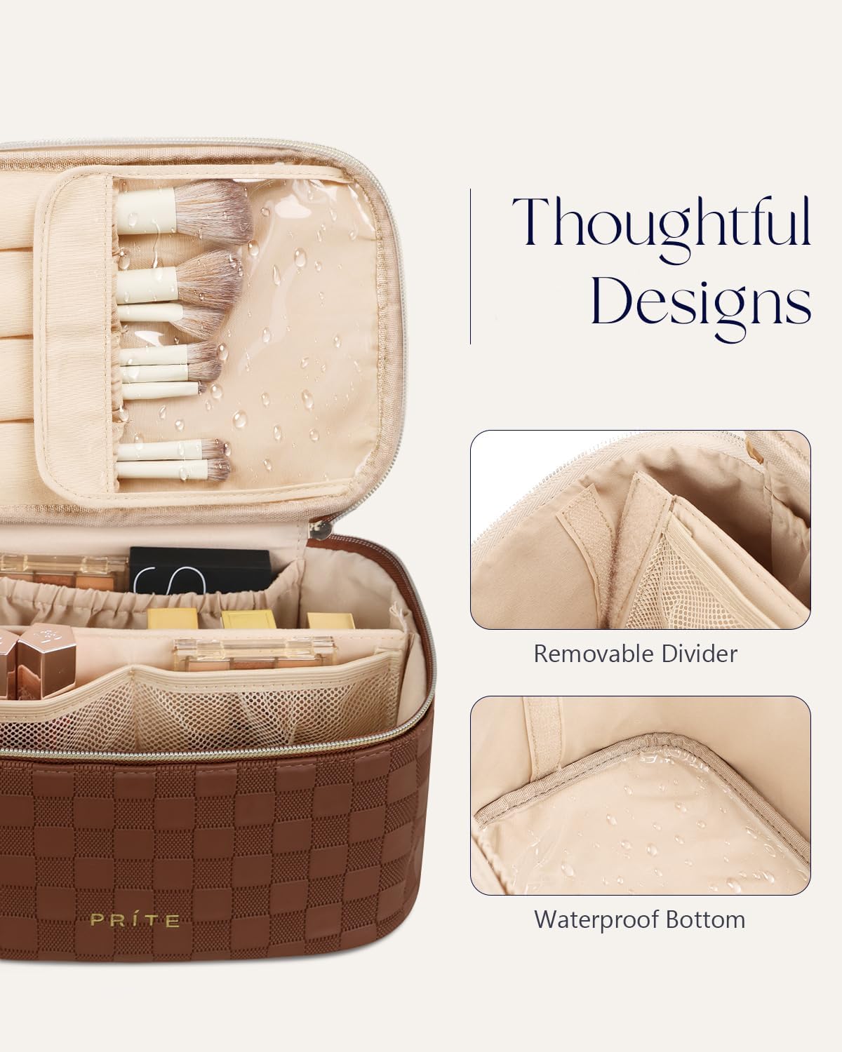 Makeup Bag, Large Capacity Cosmetic Bag for Women and Girls, Waterproof PU Leather Travel Makeup Case, Toiletry Organizer with Handle and Divider for Skincare and Brushes - Beige