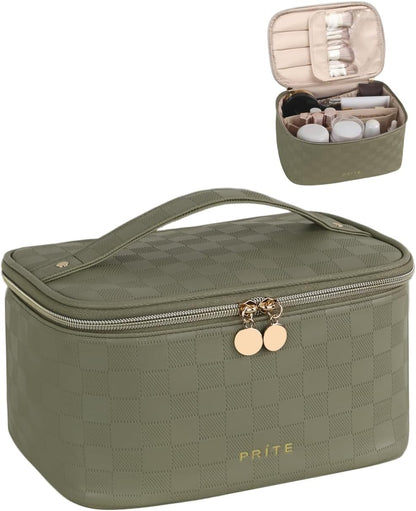 Makeup Bag, Large Capacity Cosmetic Bag for Women and Girls, Waterproof PU Leather Travel Makeup Case, Toiletry Organizer with Handle and Divider for Skincare and Brushes - Beige
