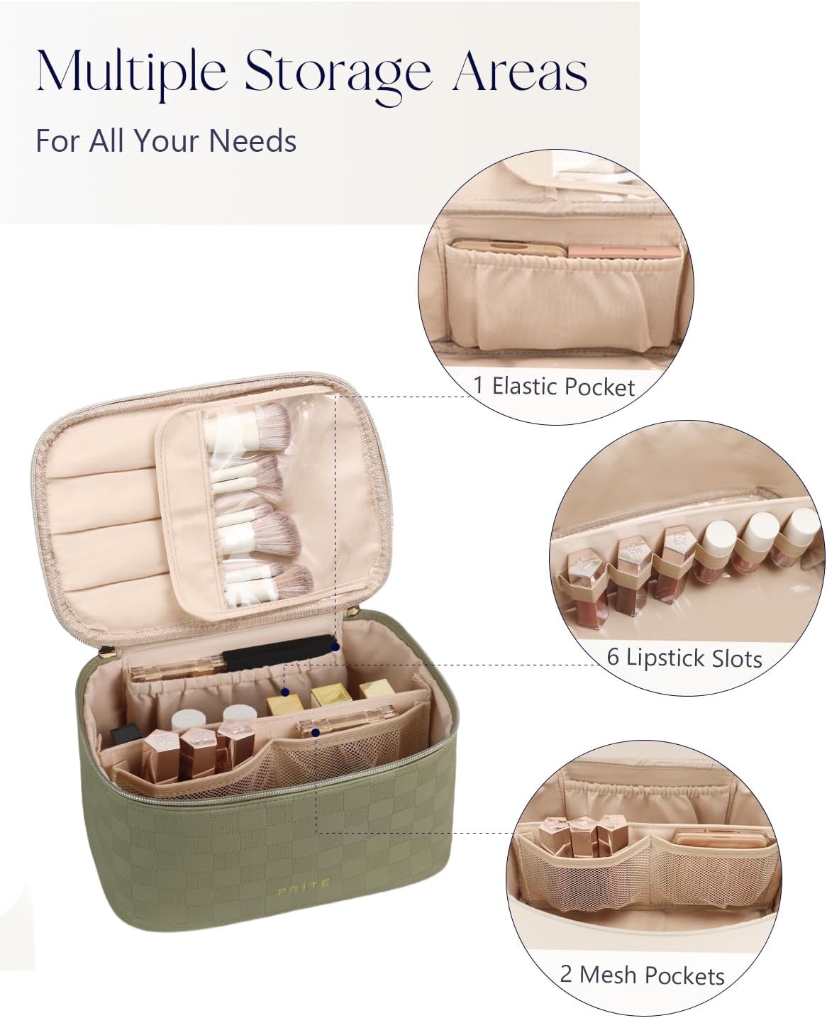 Makeup Bag, Large Capacity Cosmetic Bag for Women and Girls, Waterproof PU Leather Travel Makeup Case, Toiletry Organizer with Handle and Divider for Skincare and Brushes - Beige
