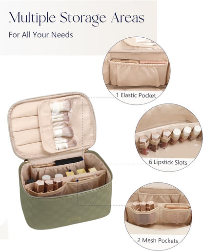 Makeup Bag, Large Capacity Cosmetic Bag for Women and Girls, Waterproof PU Leather Travel Makeup Case, Toiletry Organizer with Handle and Divider for Skincare and Brushes - Beige