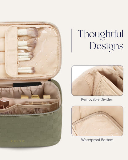 Makeup Bag, Large Capacity Cosmetic Bag for Women and Girls, Waterproof PU Leather Travel Makeup Case, Toiletry Organizer with Handle and Divider for Skincare and Brushes - Beige