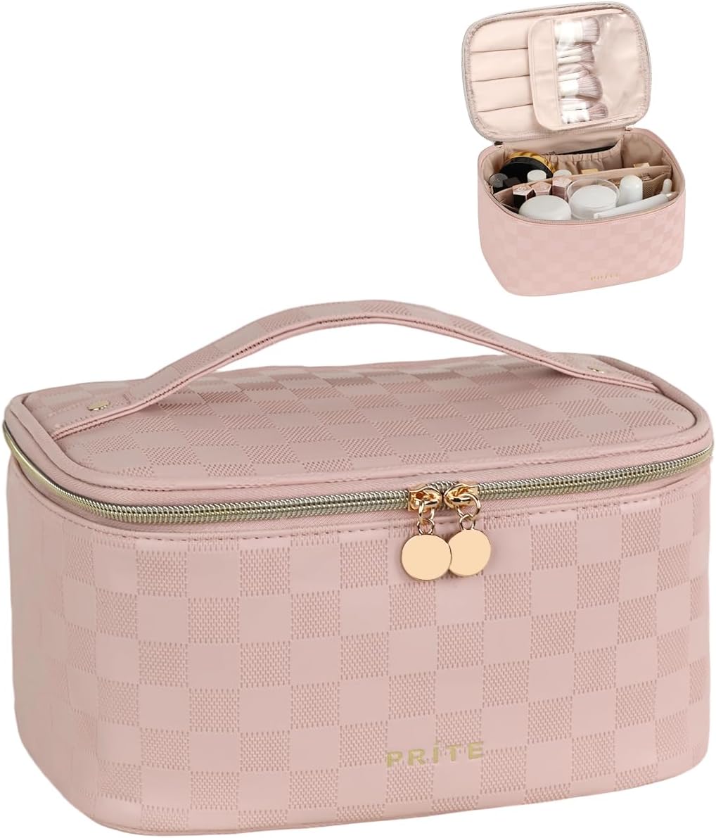 Makeup Bag, Large Capacity Cosmetic Bag for Women and Girls, Waterproof PU Leather Travel Makeup Case, Toiletry Organizer with Handle and Divider for Skincare and Brushes - Beige