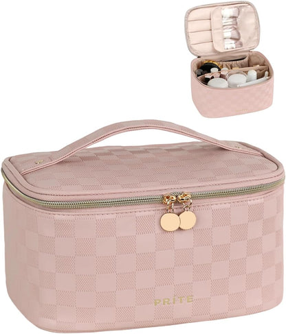 Makeup Bag, Large Capacity Cosmetic Bag for Women and Girls, Waterproof PU Leather Travel Makeup Case, Toiletry Organizer with Handle and Divider for Skincare and Brushes - Beige