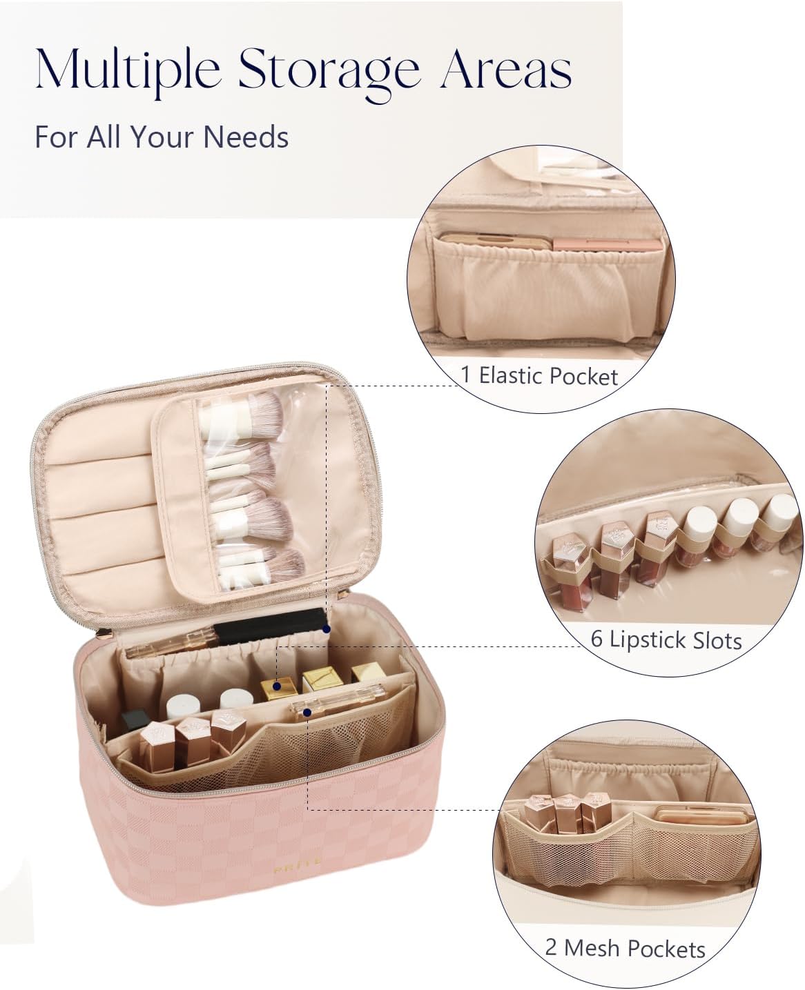 Makeup Bag, Large Capacity Cosmetic Bag for Women and Girls, Waterproof PU Leather Travel Makeup Case, Toiletry Organizer with Handle and Divider for Skincare and Brushes - Beige