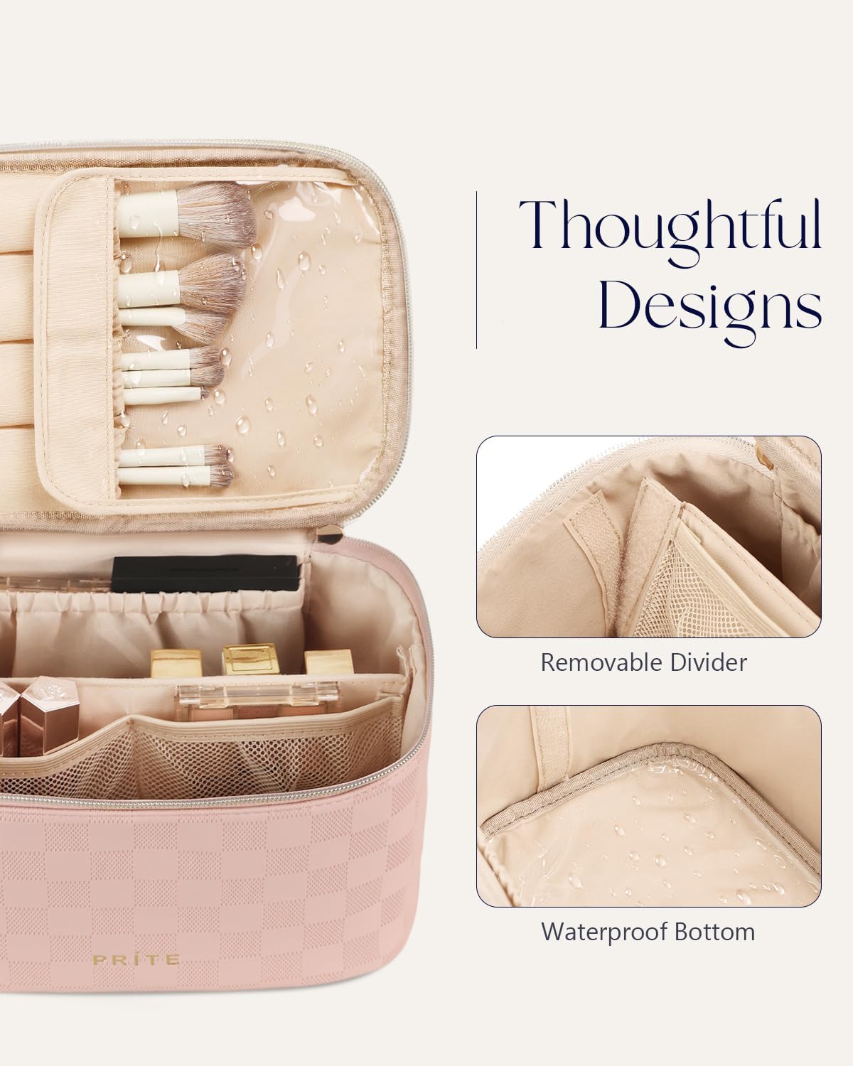 Makeup Bag, Large Capacity Cosmetic Bag for Women and Girls, Waterproof PU Leather Travel Makeup Case, Toiletry Organizer with Handle and Divider for Skincare and Brushes - Beige