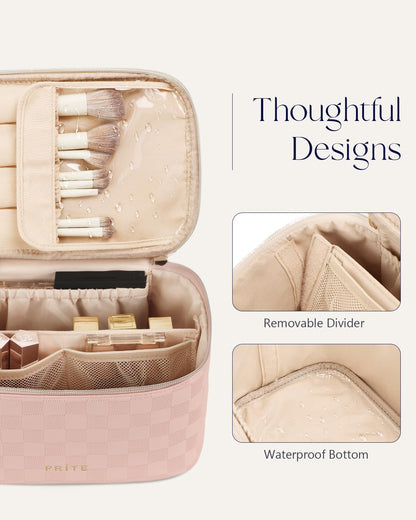 Makeup Bag, Large Capacity Cosmetic Bag for Women and Girls, Waterproof PU Leather Travel Makeup Case, Toiletry Organizer with Handle and Divider for Skincare and Brushes - Beige