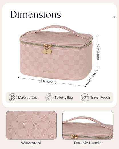 Makeup Bag, Large Capacity Cosmetic Bag for Women and Girls, Waterproof PU Leather Travel Makeup Case, Toiletry Organizer with Handle and Divider for Skincare and Brushes - Beige