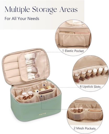 Makeup Bag, Large Capacity Cosmetic Bag for Women and Girls, Waterproof PU Leather Travel Makeup Case, Toiletry Organizer with Handle and Divider for Skincare and Brushes - Beige