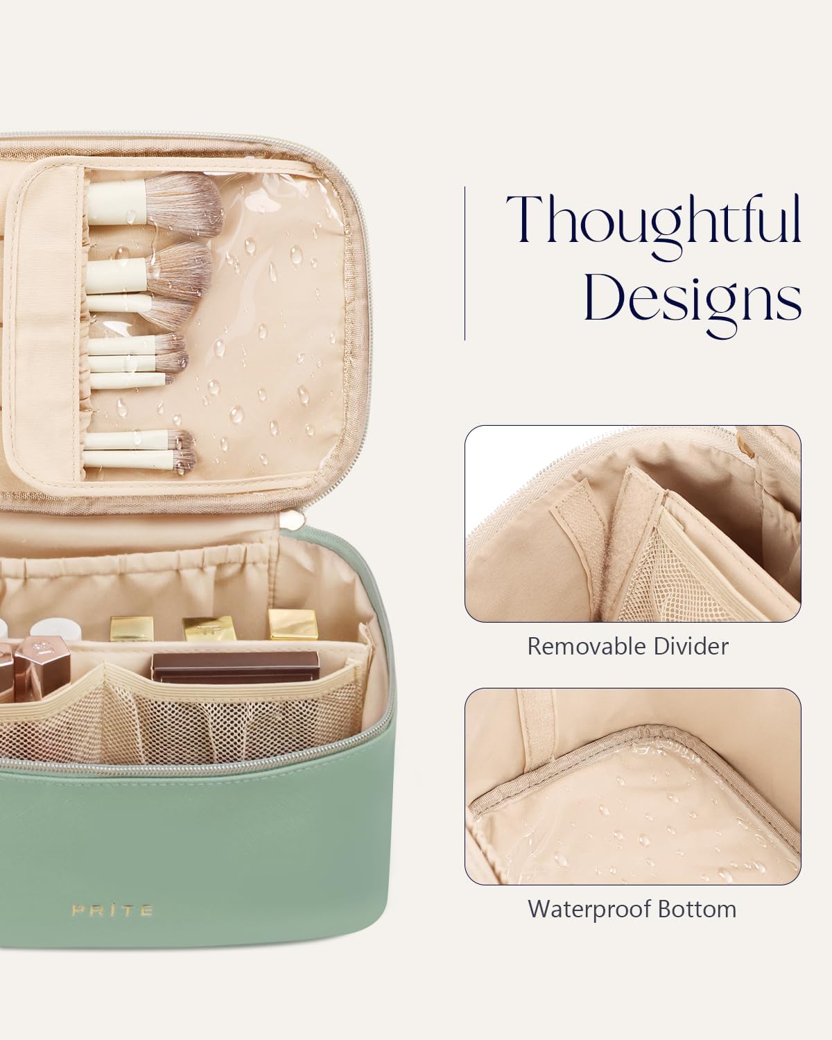 Makeup Bag, Large Capacity Cosmetic Bag for Women and Girls, Waterproof PU Leather Travel Makeup Case, Toiletry Organizer with Handle and Divider for Skincare and Brushes - Beige