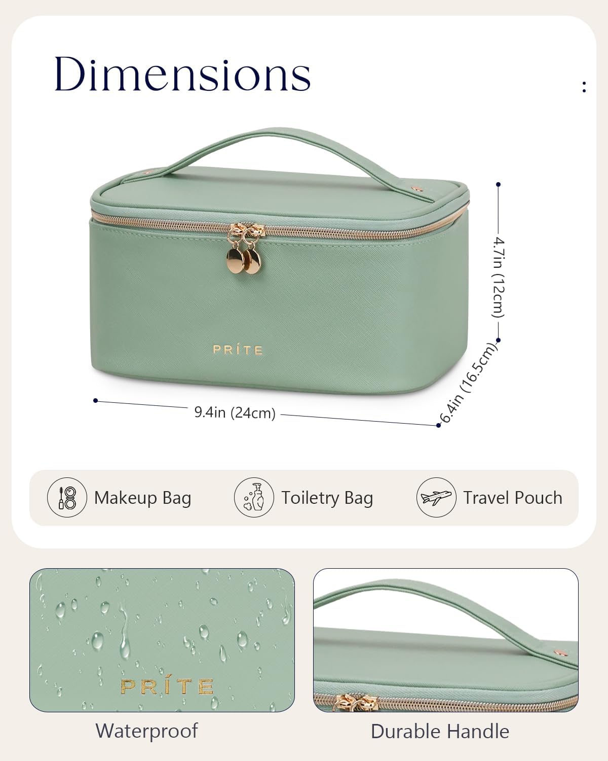 Makeup Bag, Large Capacity Cosmetic Bag for Women and Girls, Waterproof PU Leather Travel Makeup Case, Toiletry Organizer with Handle and Divider for Skincare and Brushes - Beige