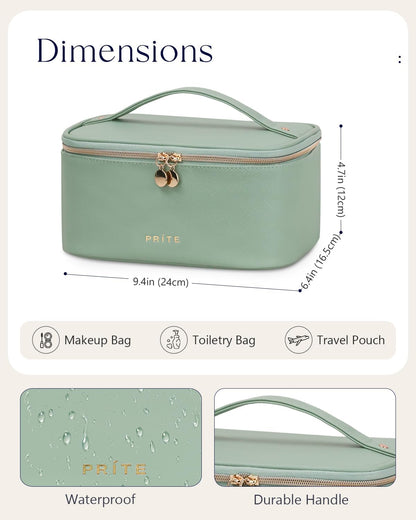 Makeup Bag, Large Capacity Cosmetic Bag for Women and Girls, Waterproof PU Leather Travel Makeup Case, Toiletry Organizer with Handle and Divider for Skincare and Brushes - Beige