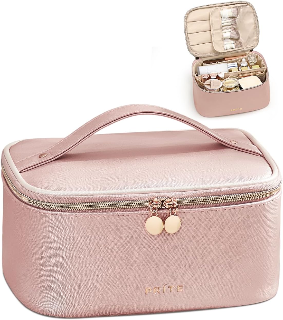 Makeup Bag, Large Capacity Cosmetic Bag for Women and Girls, Waterproof PU Leather Travel Makeup Case, Toiletry Organizer with Handle and Divider for Skincare and Brushes - Beige