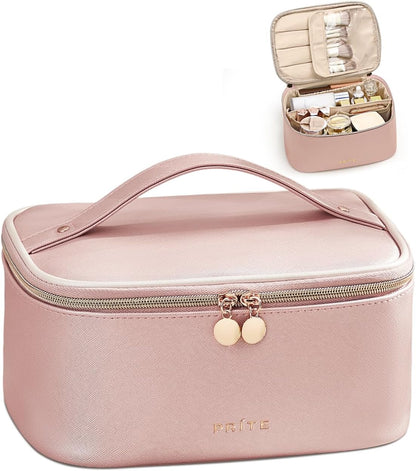 Makeup Bag, Large Capacity Cosmetic Bag for Women and Girls, Waterproof PU Leather Travel Makeup Case, Toiletry Organizer with Handle and Divider for Skincare and Brushes - Beige