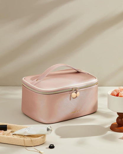Makeup Bag, Large Capacity Cosmetic Bag for Women and Girls, Waterproof PU Leather Travel Makeup Case, Toiletry Organizer with Handle and Divider for Skincare and Brushes - Beige