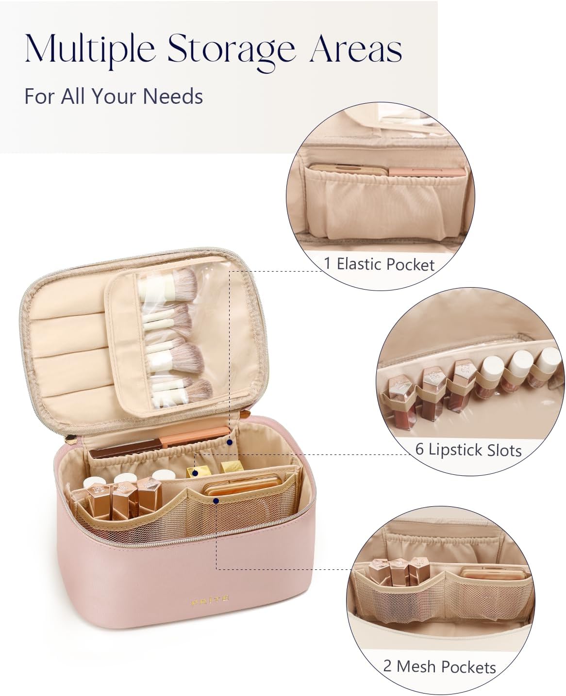 Makeup Bag, Large Capacity Cosmetic Bag for Women and Girls, Waterproof PU Leather Travel Makeup Case, Toiletry Organizer with Handle and Divider for Skincare and Brushes - Beige