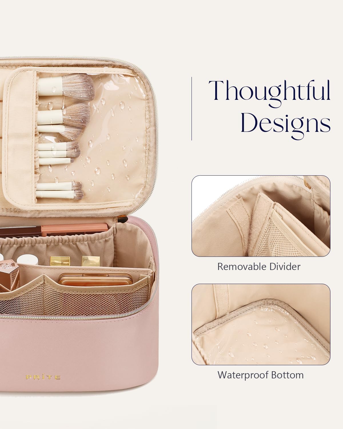 Makeup Bag, Large Capacity Cosmetic Bag for Women and Girls, Waterproof PU Leather Travel Makeup Case, Toiletry Organizer with Handle and Divider for Skincare and Brushes - Beige
