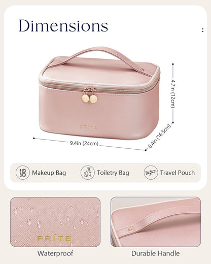 Makeup Bag, Large Capacity Cosmetic Bag for Women and Girls, Waterproof PU Leather Travel Makeup Case, Toiletry Organizer with Handle and Divider for Skincare and Brushes - Beige
