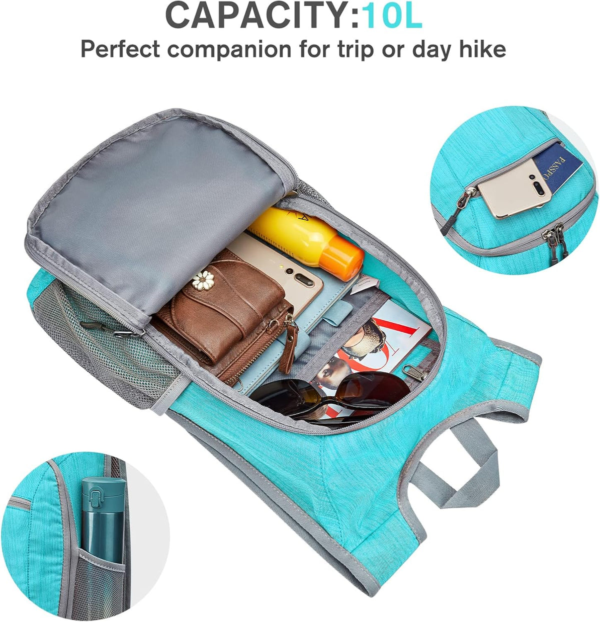 10L/15L Hiking Backpack Lightweight Packable Hiking Daypack Small Travel Outdoor Foldable Shoulder Bag