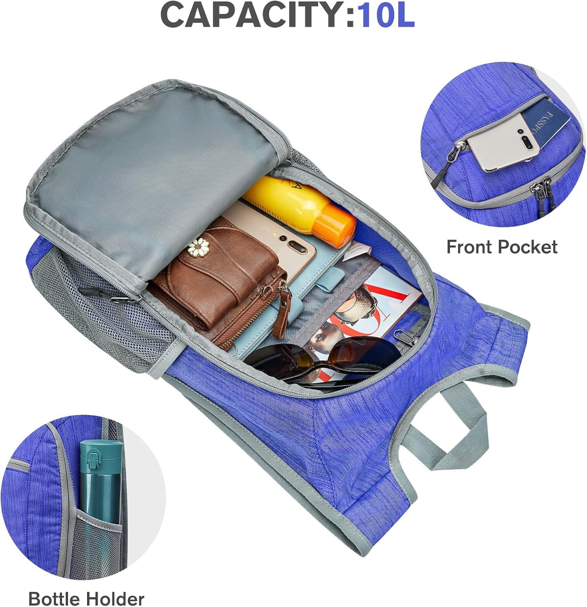 10L/15L Hiking Backpack Lightweight Packable Hiking Daypack Small Travel Outdoor Foldable Shoulder Bag